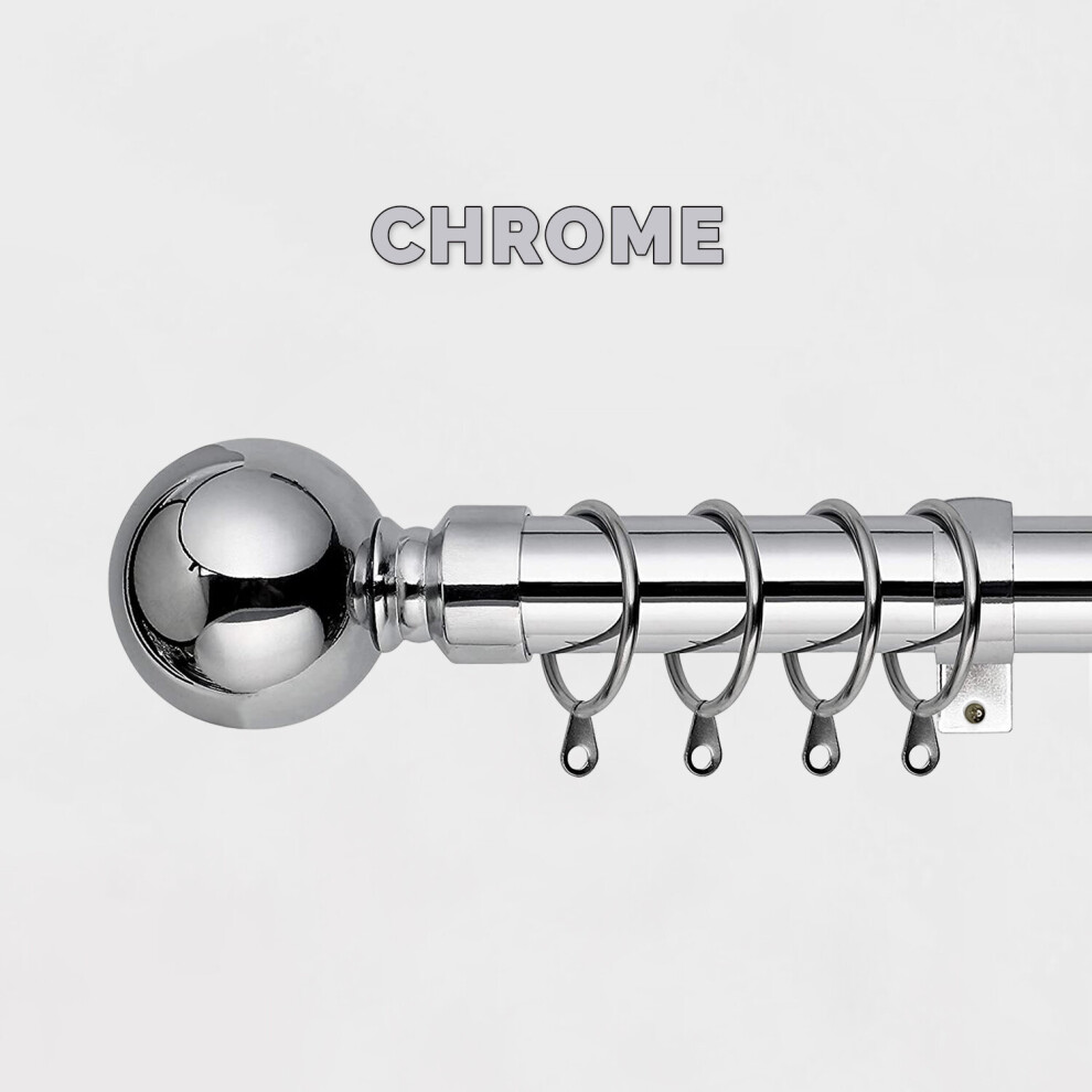 (Chrome - Plain Ball, 160-300 cm (63" - 118" In)) Extendable Heavy Metal Curtain Pole 28mm Eyelet Rail With Rings Fittings Finials