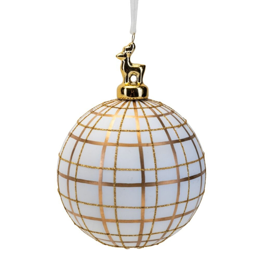 Widdop White & Gold Glass Bauble with Reindeer Christmas Tree Decoration