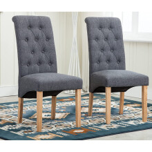 (Grey) MCC Set of 2 Linen Fabric Dining Chairs Roll Top Scroll High Back For Home & Commercial Restaurants