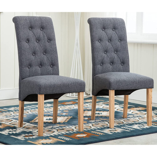 (Grey) MCC Set of 2 Linen Fabric Dining Chairs Roll Top Scroll High Back For Home & Commercial Restaurants