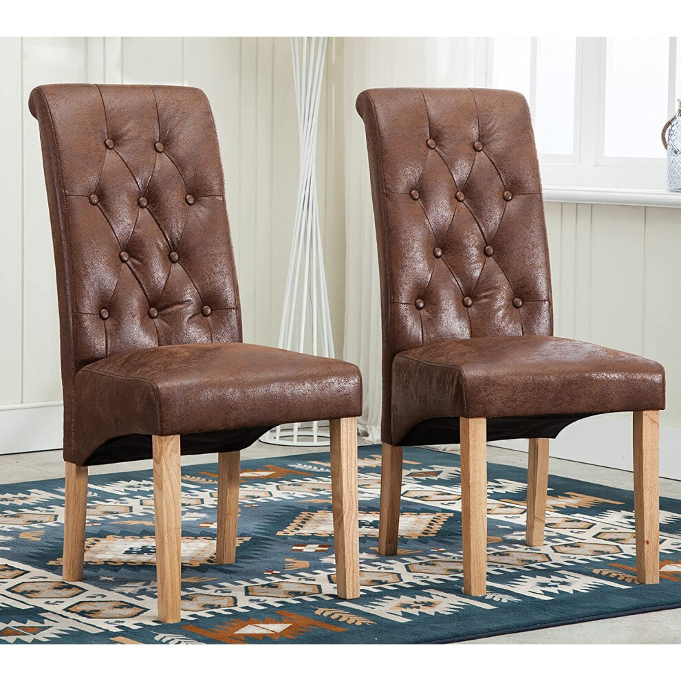 (Brown) MCC Set of 2 Linen Fabric Dining Chairs Roll Top Scroll High Back For Home & Commercial Restaurants
