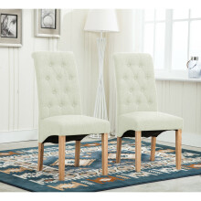(Cream) MCC Set of 2 Linen Fabric Dining Chairs Roll Top Scroll High Back For Home & Commercial Restaurants