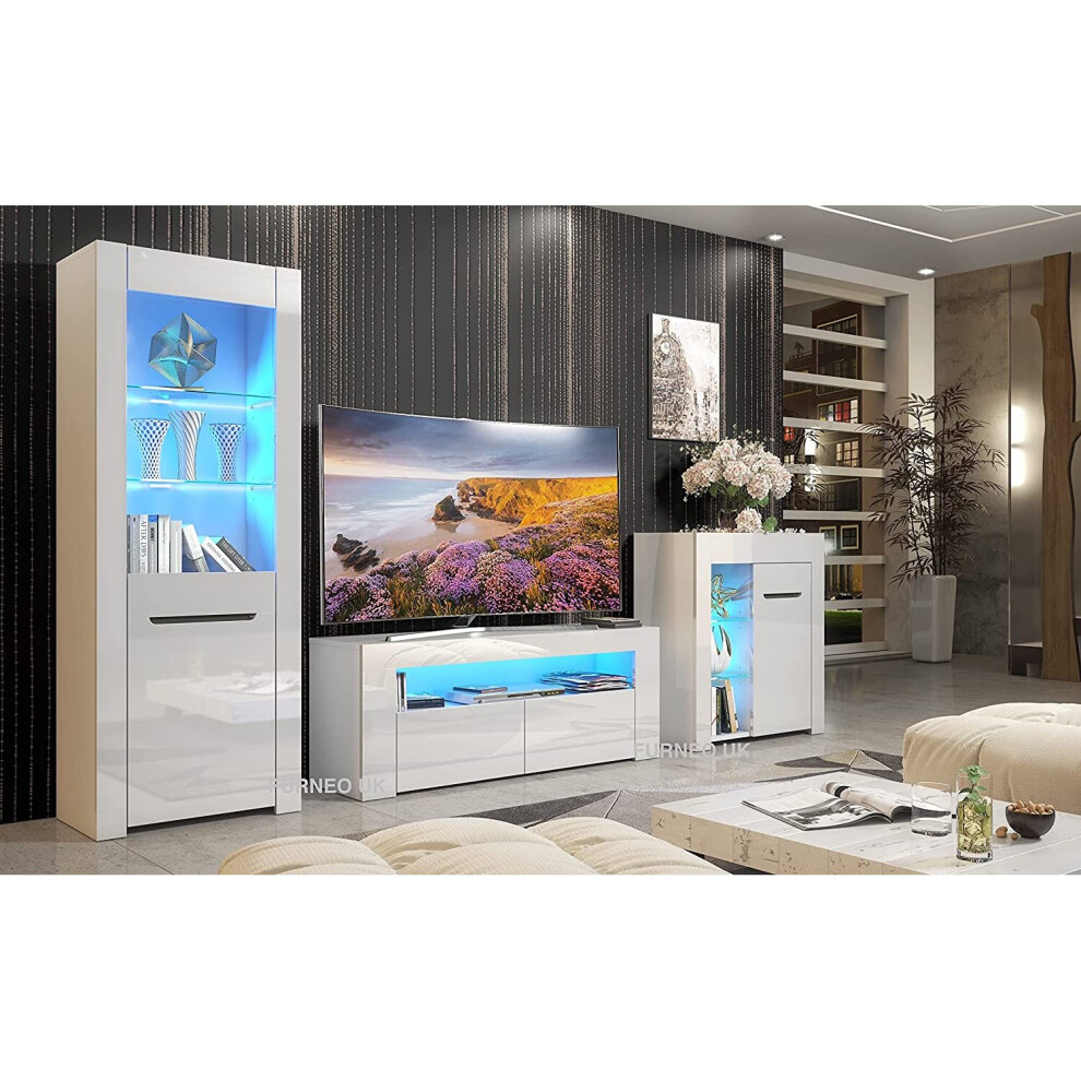 (White LED Lights) Gloss & Matt White Living Room Set TV Stand Sideboard Display Cabinet MilClif 09 LED Lights