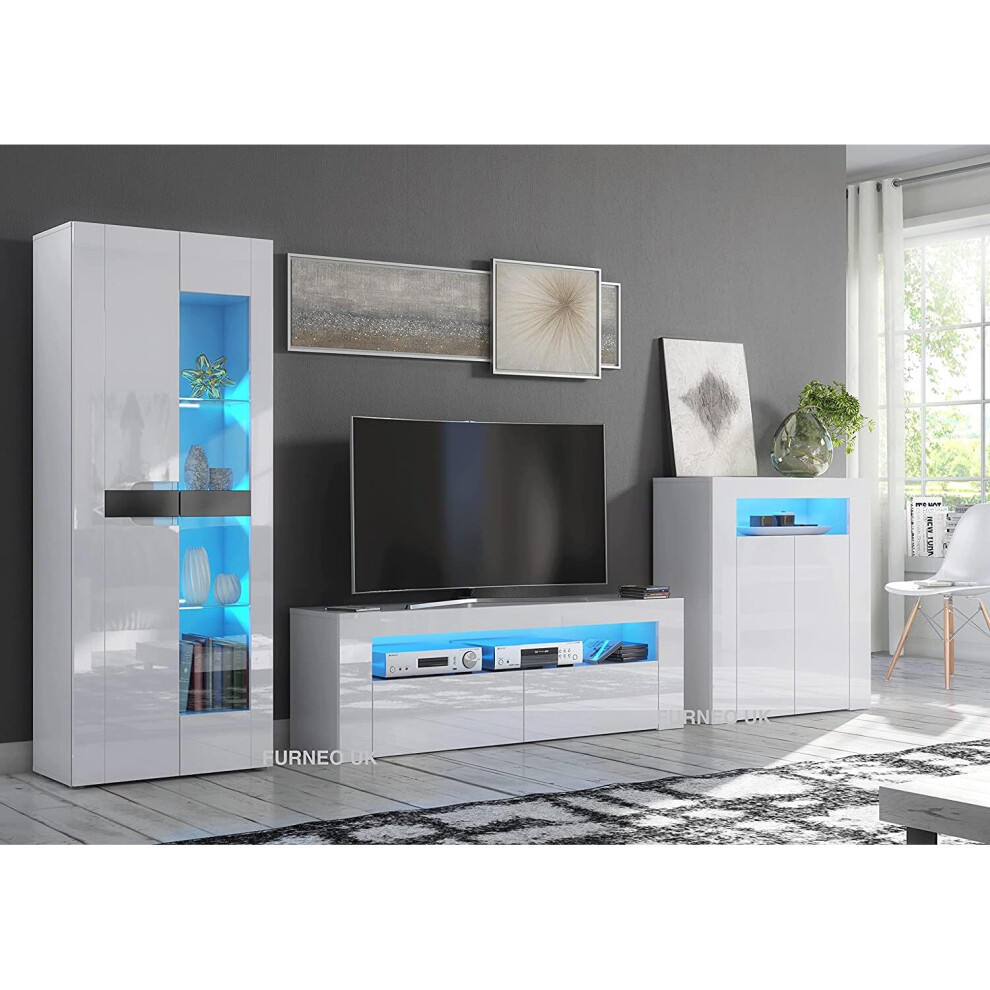 (Blue LED Lights) Gloss & Matt White Living Room Set TV Stand Sideboard Display Cabinet MilClif08 LED Lights