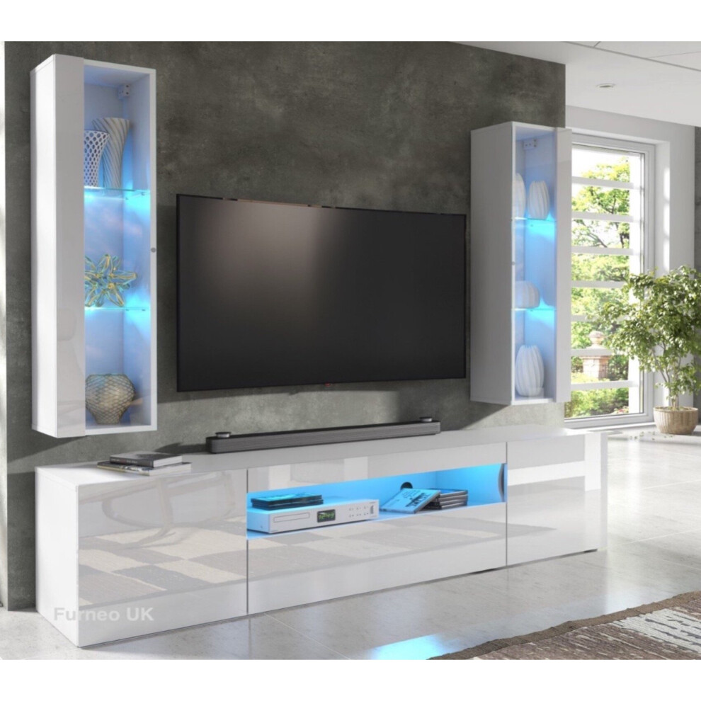 (RGB (multicoloured) LED Lights) Gloss & Matt White Living Room Set TV Stand Display Cabinets ArtClif LED Lights