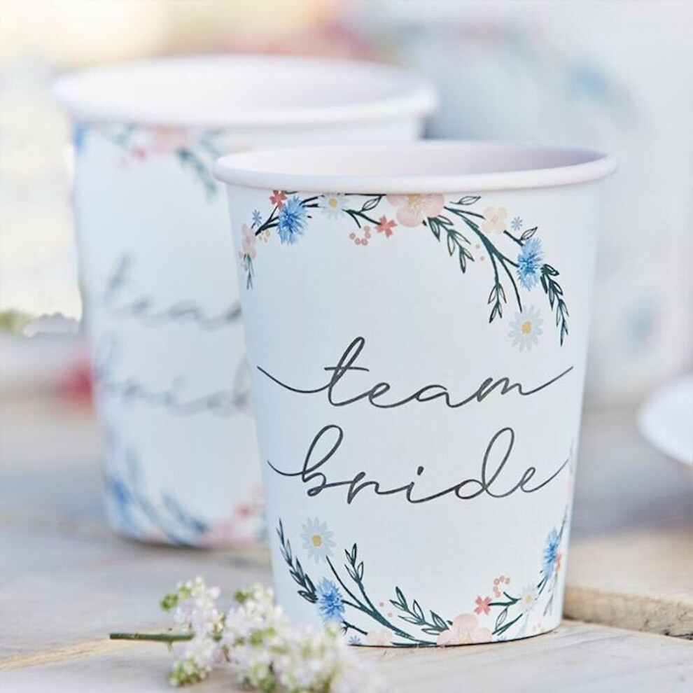 Ginger Ray 8 Floral Team Bride Hen Party Cups, Team Bride Paper Cups, Hen Party Cups, Bachelorette Party Tableware, Bridal Shower Cups