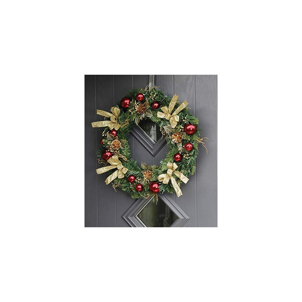 50cm Christmas Wreath With Red And Gold Ribbons Baubles Pinecones And Leaves