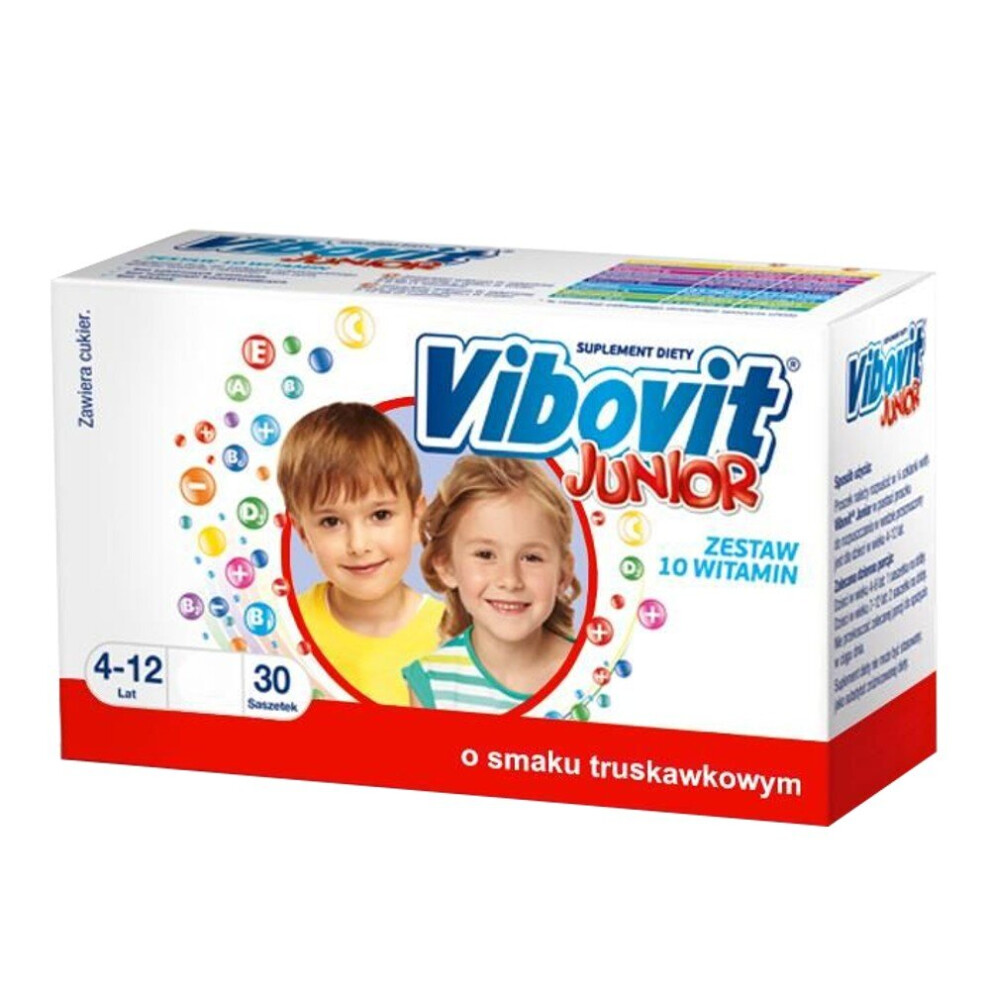 Vibovit Junior, dla dzieci w wieku 4-12 lat, smak truskawkowy, 14 saszetek