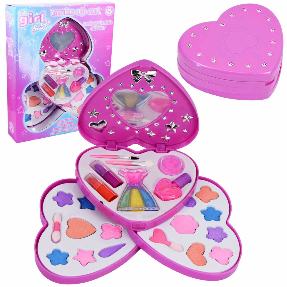 3 Tier Girls Make Up Play Set in Pink Heart Shaped Plastic Case Kids Make Up