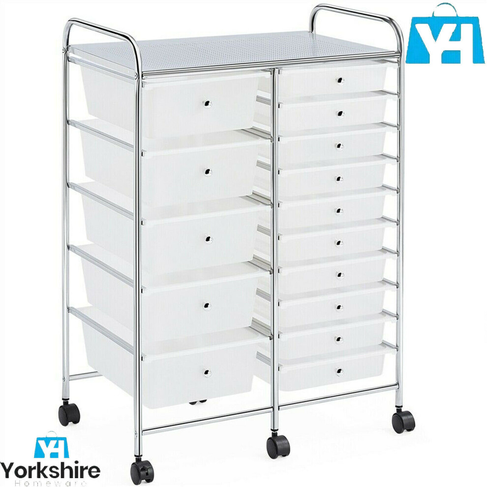 White 15 Drawer Home Office Salon Make Up Mobile Storage Trolley Unit