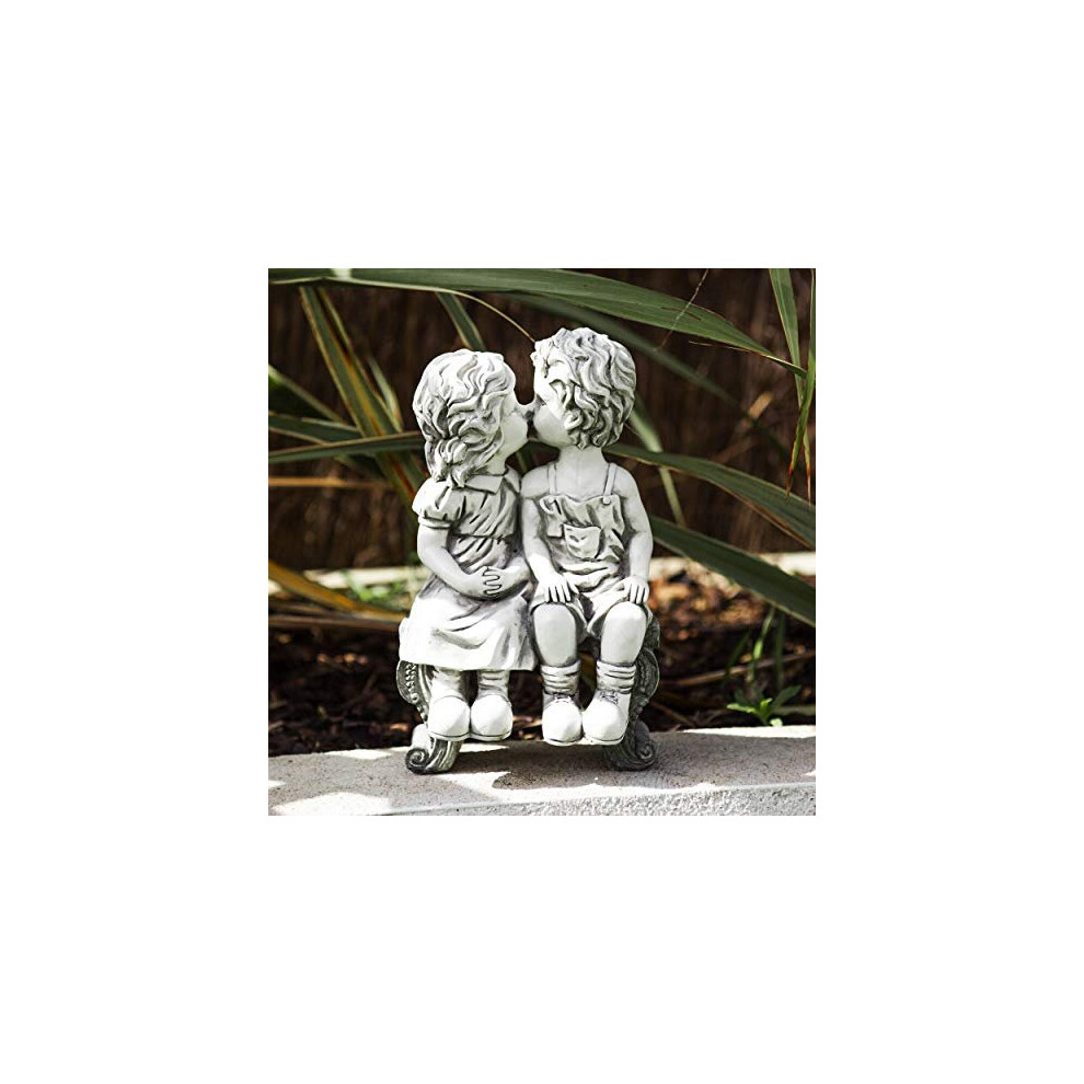 White Stone Effect Kissing Kids On Bench Resin Boy And Girl Garden