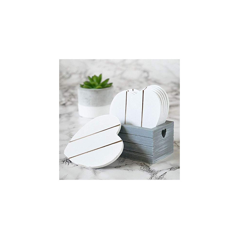 Pack Of 6 White Wooden Love Heart Coasters In Grey Storage Box