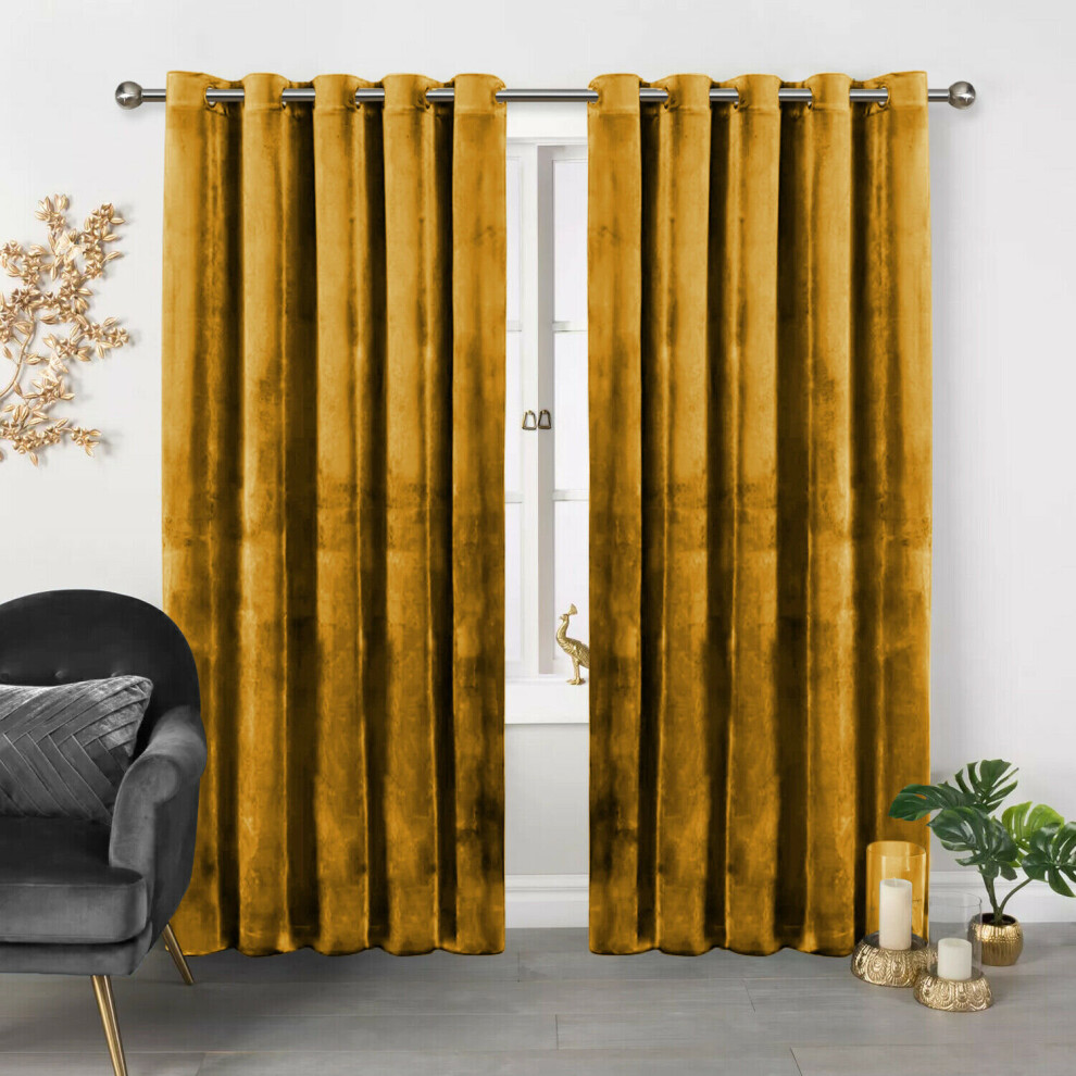 (Ochre, 66" x 72" (167cm x 183cm)) Velvet Curtain Pair Eyelet Ring Top Curtains with Tiebacks