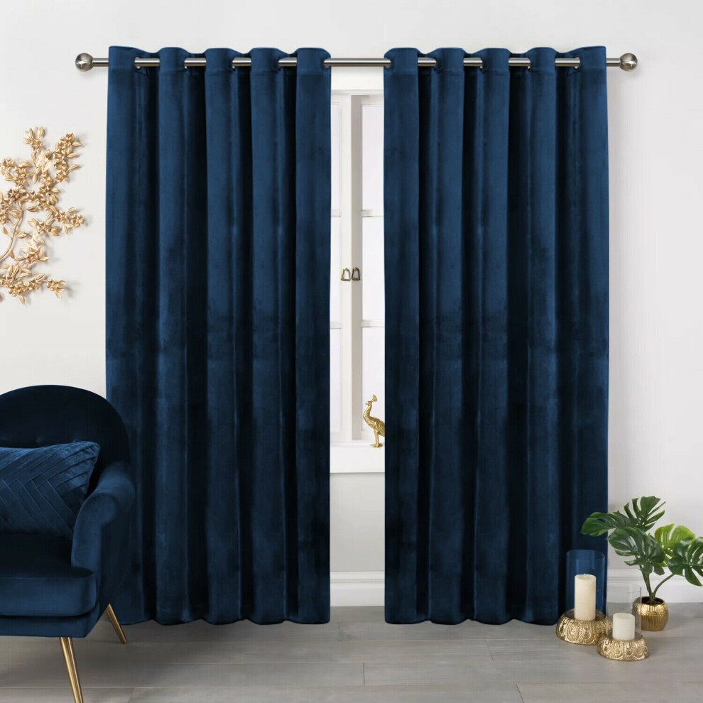 (Blue, 66" x 72" (167cm x 183cm)) Velvet Curtain Pair Eyelet Ring Top Curtains with Tiebacks