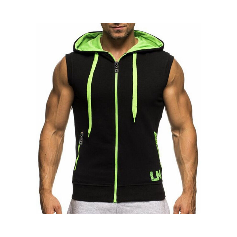 (Black Green, L) Men's Sleeveless Hoodie Sweatshirt Sportswear Jogger Zipper Hooded Jersey