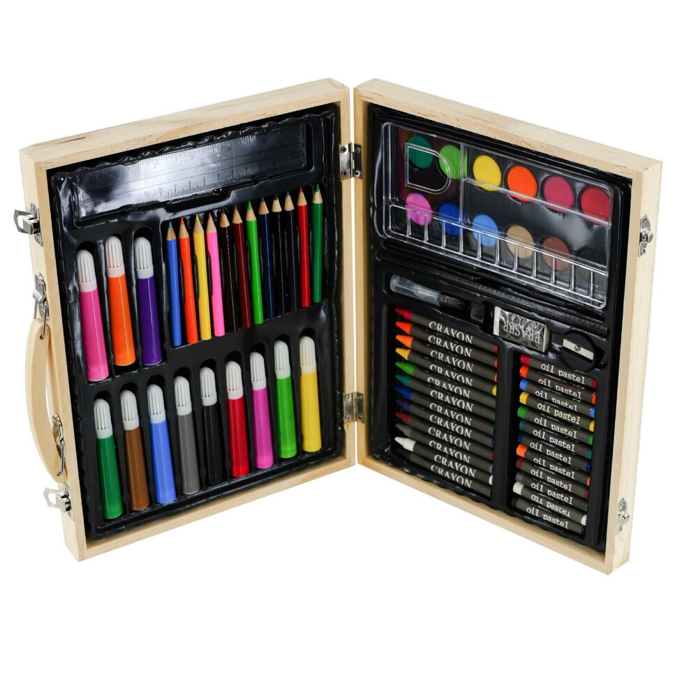 The Magic Toy Shop 67 Pieces Childs Art Set in a Wooden Case Sturdy Box Pens Pencils Crayons Paints