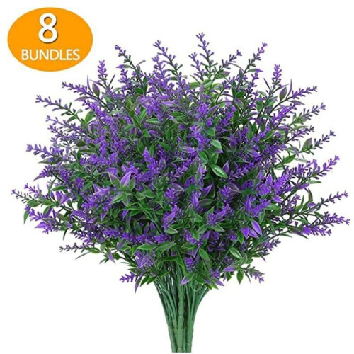 (Purple) 8 Bundles Artificial Flowers Plastic Fake Outdoor Plants For Garden Porch Window