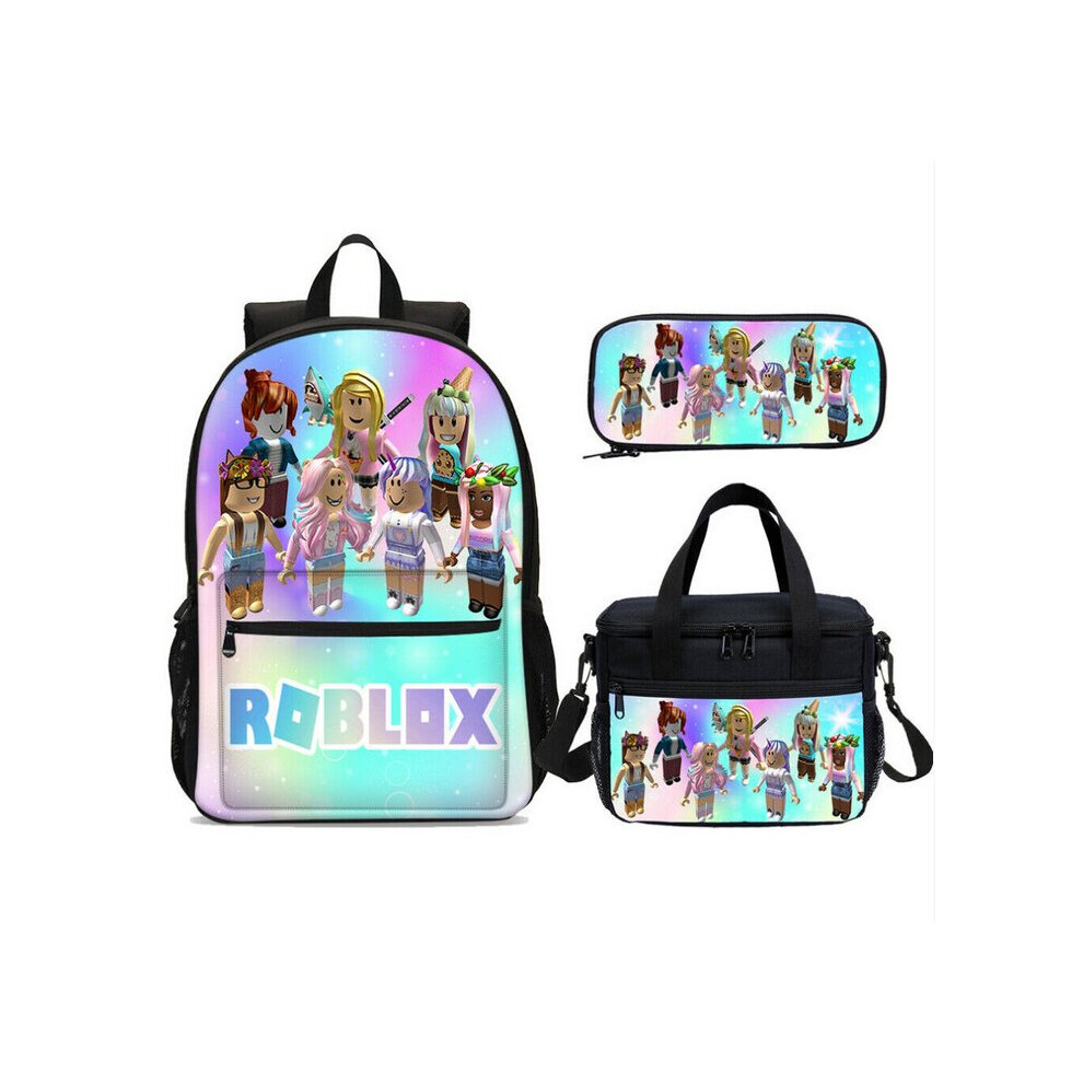 3Pcs Girls Rainbow Roblox Backpack Lunch Bag Pencil Case Schoolbag Blue