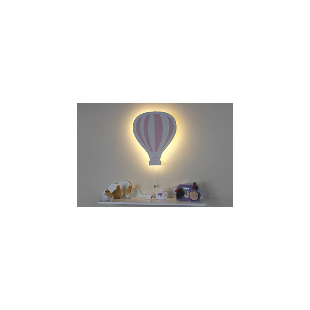 Pink Hot Air Balloon Wooden Night Light Wall Mounted Nursery Lighting