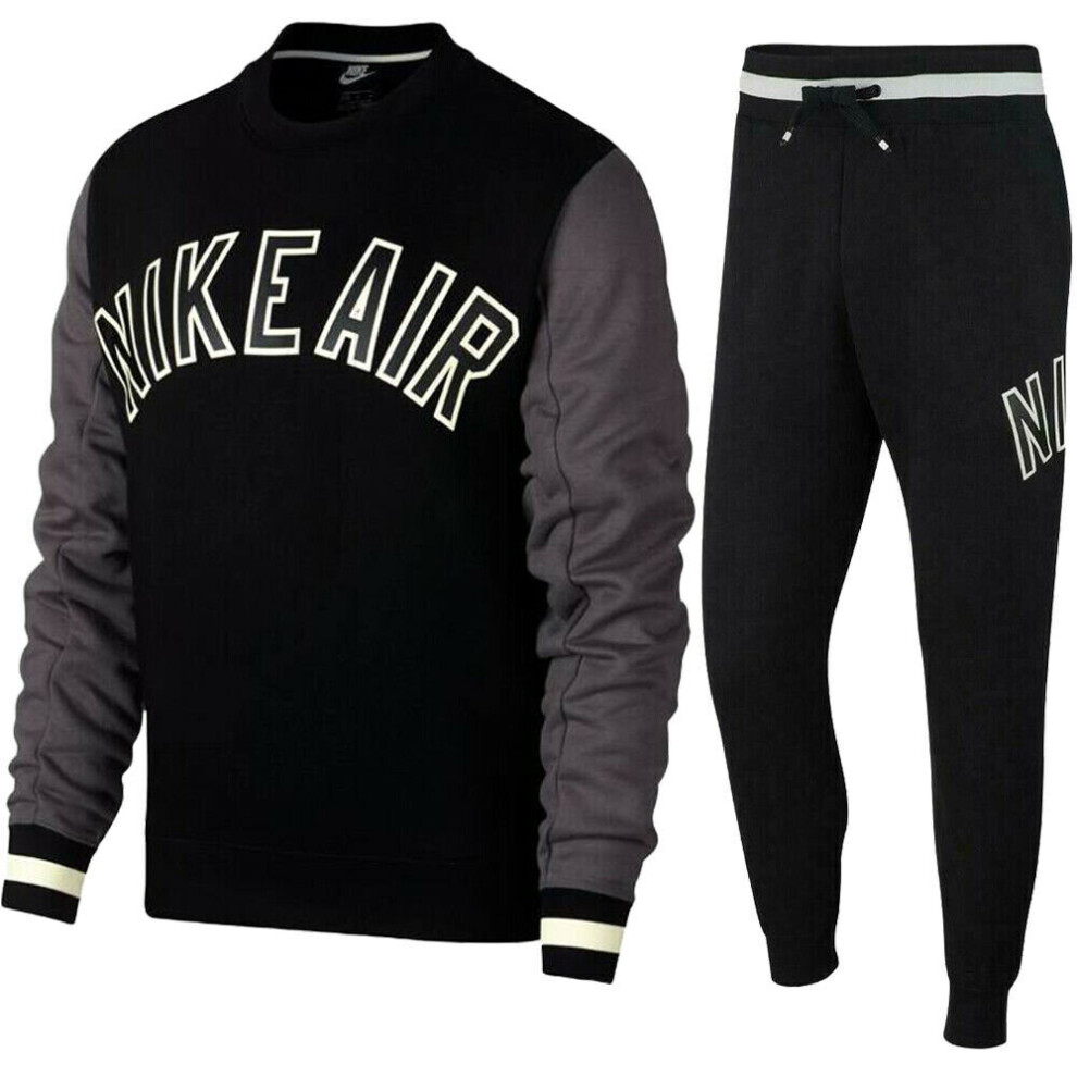 (AR1824 AR1822 Nike Mens Crewneck Tracksuit Black S) Nike Air Mens Full Tracksuit Set Fleece Crew Sweatshirt Joggers