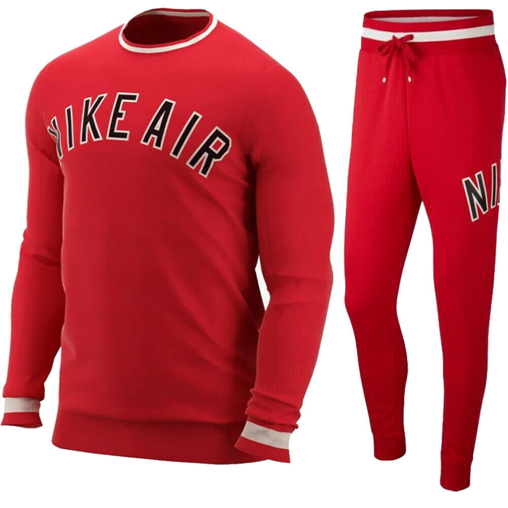 (AR1824 AR1822 Nike Mens Crewneck Tracksuit Red L) Nike Air Mens Full Tracksuit Set Fleece Crew Sweatshirt Joggers