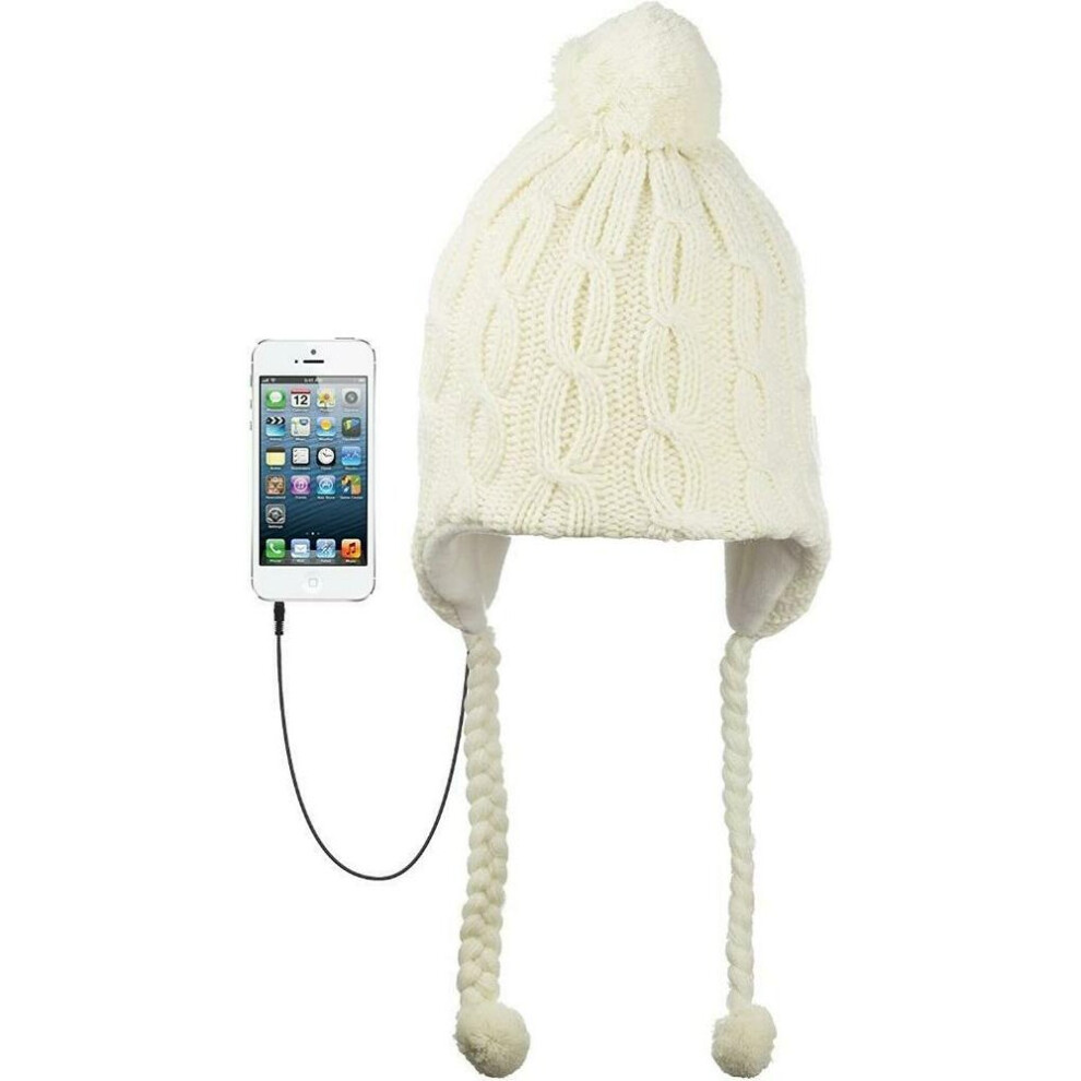 KitSound Audio Knit Bobble Cable Knit Beanie with Built-In Headphones - Cream