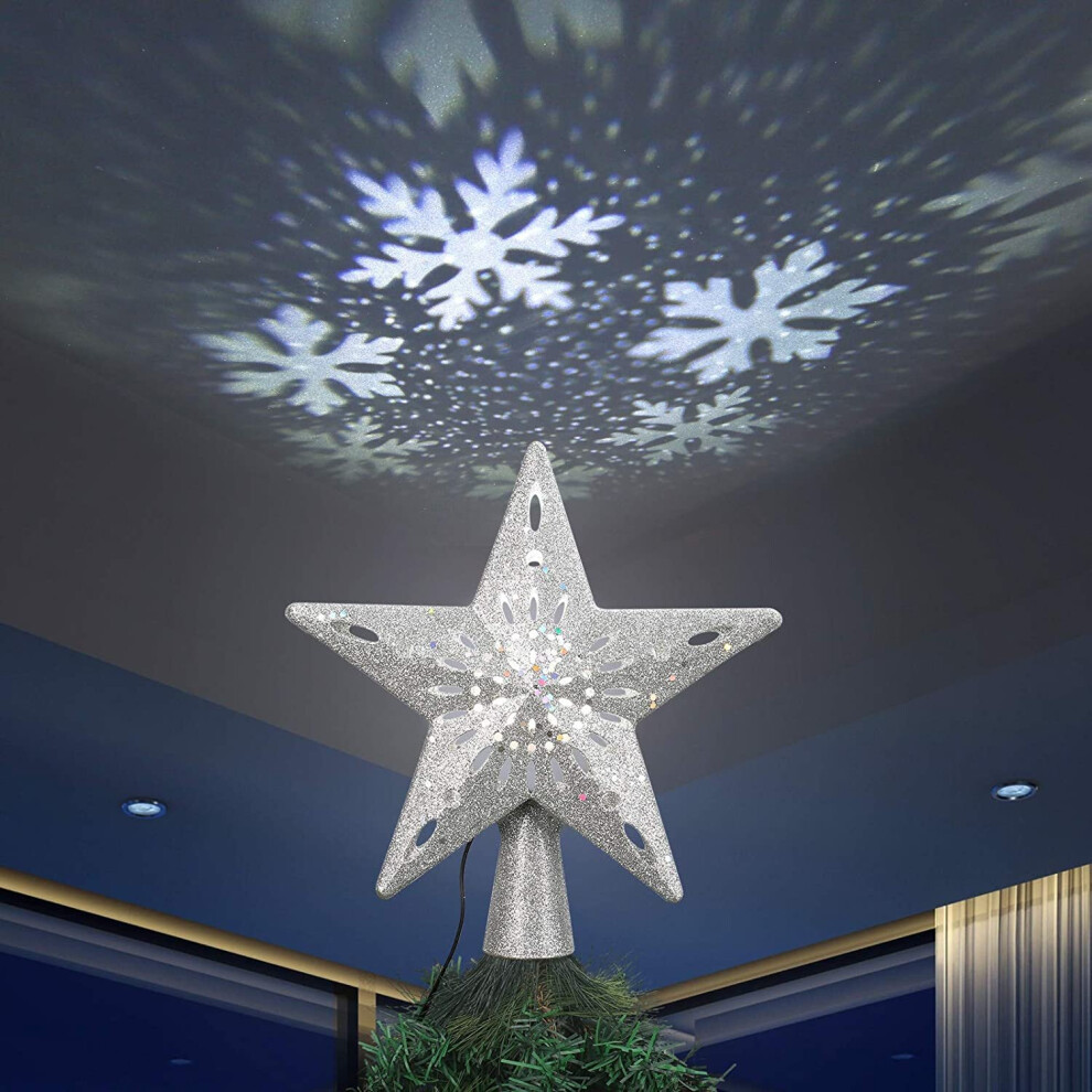 Silver Christmas Tree Topper Lighted with White Snowflake Projector, 3D Glitter Hollow Star Xmas Tree Topper, LE