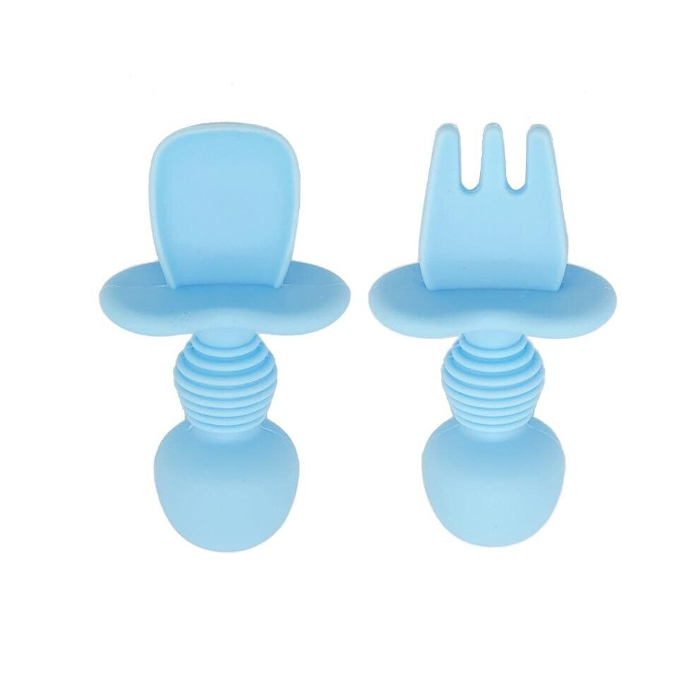 ( Set) Baby Food Supplement Silicone Soft Fork, Spoon Tableware Set Blue