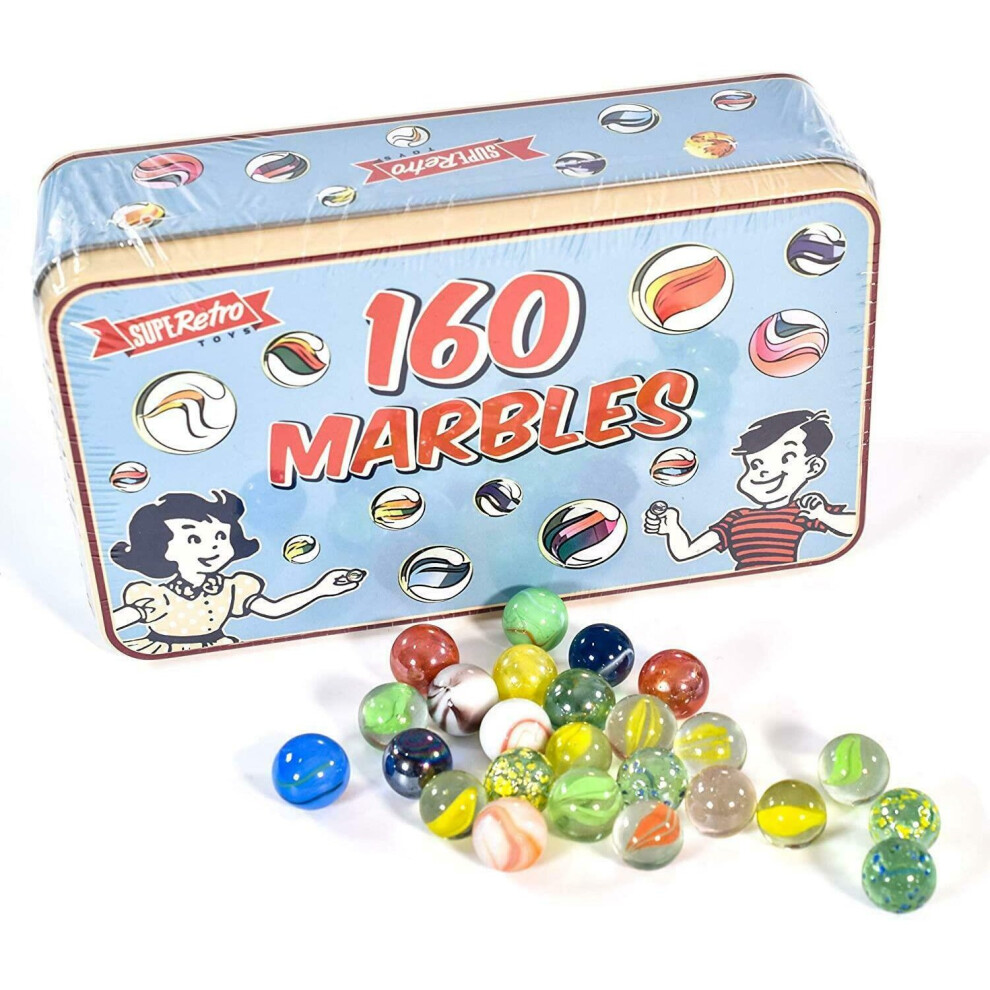 SUPERetro - 160 Traditional Assorted Colorful Classic Retro Glass Marbles In A Tin Kids Game