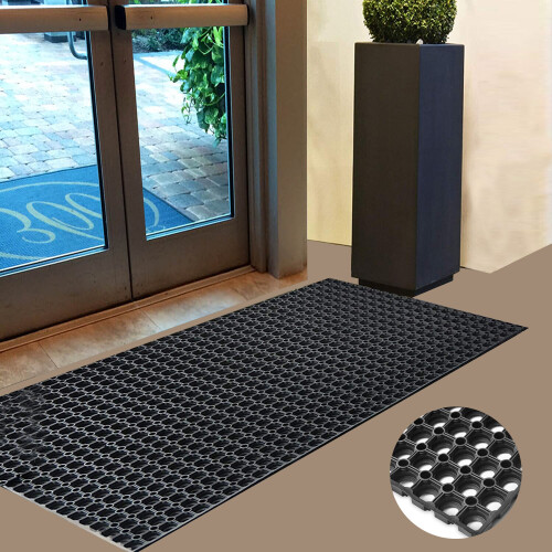 Non-Slip Large Industrial Rubber Ring Door Mat for Indoor/Outdoor Entrance - Heavy-Duty, Textured Grip, Drains Water, 77x55x1.2 cm, Black
