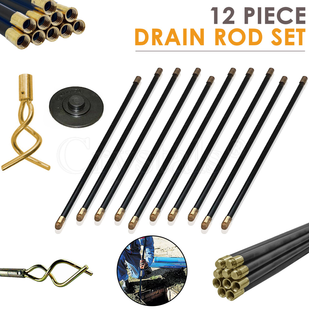 Universal Drain Rod with 12 Rods/Plunger/Worm Drain Cleaning Chimney Sweeping Accessories Set DIY