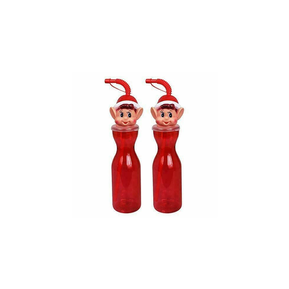 (Elf, 2 Bottles) Kids Novelty Christmas Drinking Bottle Santa Claus Naughty Elf Snowman Straw Toy