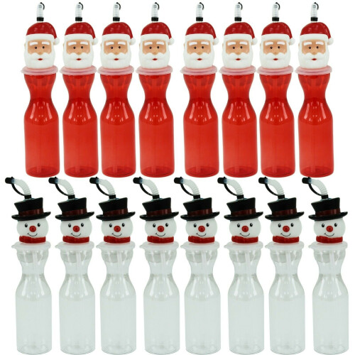 (Santa & Snowman, 16 Bottles) Kids Novelty Christmas Drinking Bottle Santa Claus Naughty Elf Snowman Straw Toy
