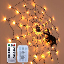 (Battery with remote control) Halloween Spider Web Lights with Plush Spider Decorations Fake Spiderweb Decor Prop for Kids Party Haunted House (3FT/100CM)