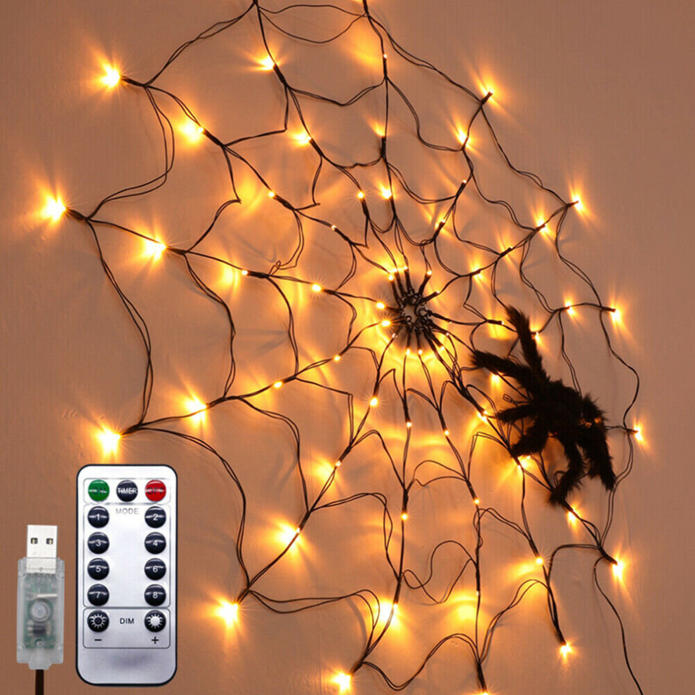 (USB With remote control) Halloween Spider Web Lights with Plush Spider Decorations Fake Spiderweb Decor Prop for Kids Party Haunted House (3FT/100CM)