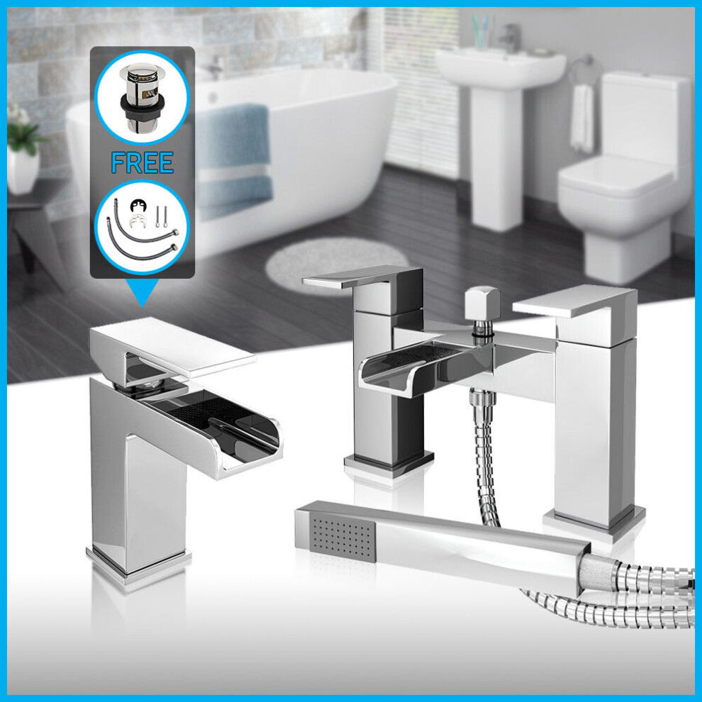 Chrome Waterfall Bath Shower Mixer Tap & Mini Mono Basin Sink Taps 5060651452905
