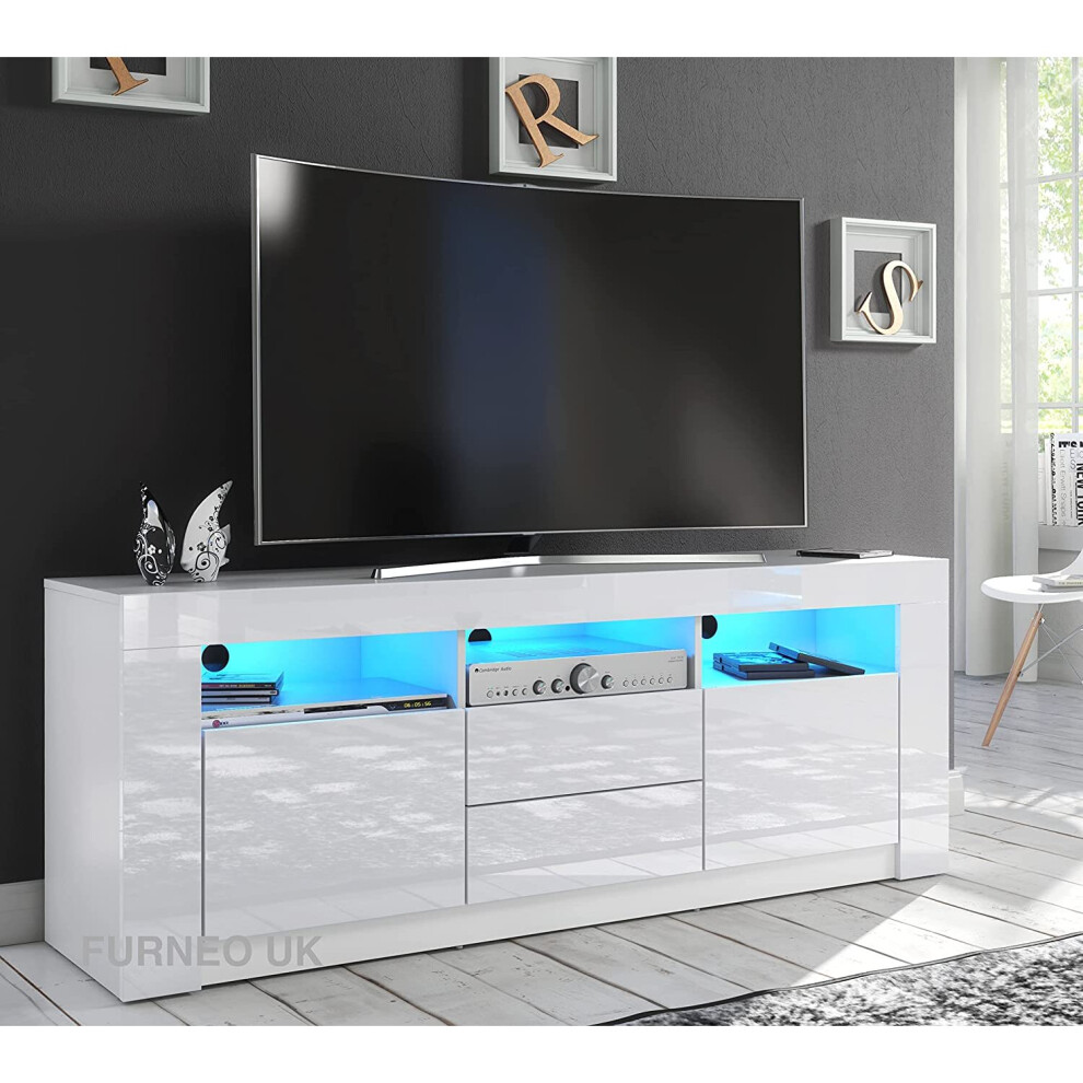 Furneo ( Led Lights) Tv Stand 160Cm Unit Cabinet Gloss & Matt Clifton18 Led Lights White