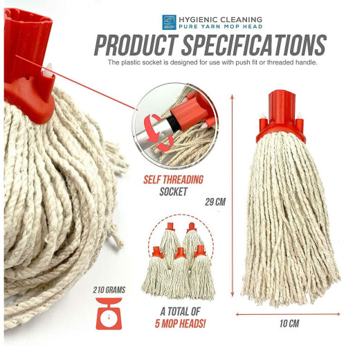 5x Cotton Mop Heads Replacement Floor Multi Fit Heavy Duty - Red 2