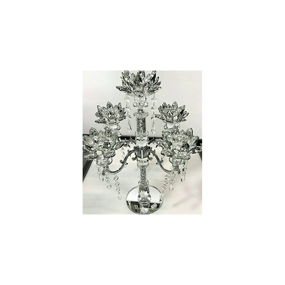 Crushed Diamond Candle Holder Silver Crystals 5 Flower Tier Lotus