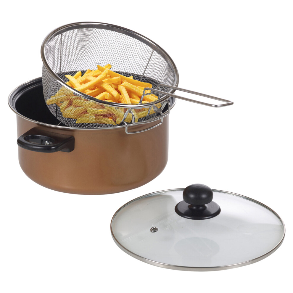 Stove Chip Deep Pan Fat Fryer Set Copper Look Frying Basket Glass Lid