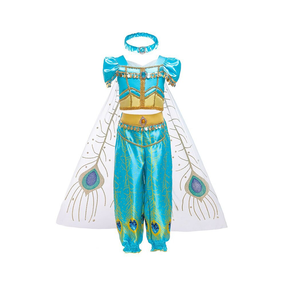 (Bluegold Pants Set, 130Cm) Movie Aladdin Princess Jasmine Cosplay Costume Girls Halloween Dress Pants Set Blue