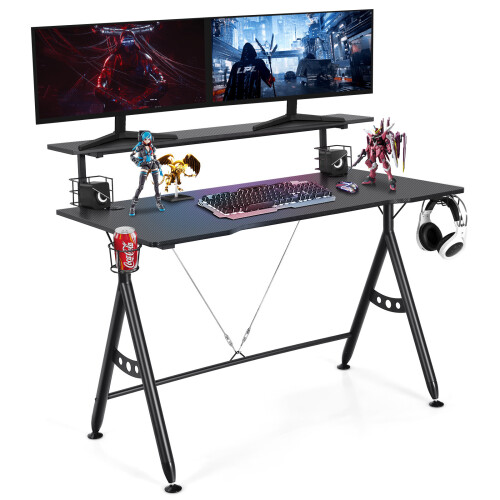 Costway Gaming Desk Monitor Shelf Computer Table w/ Game Handle Rack Black