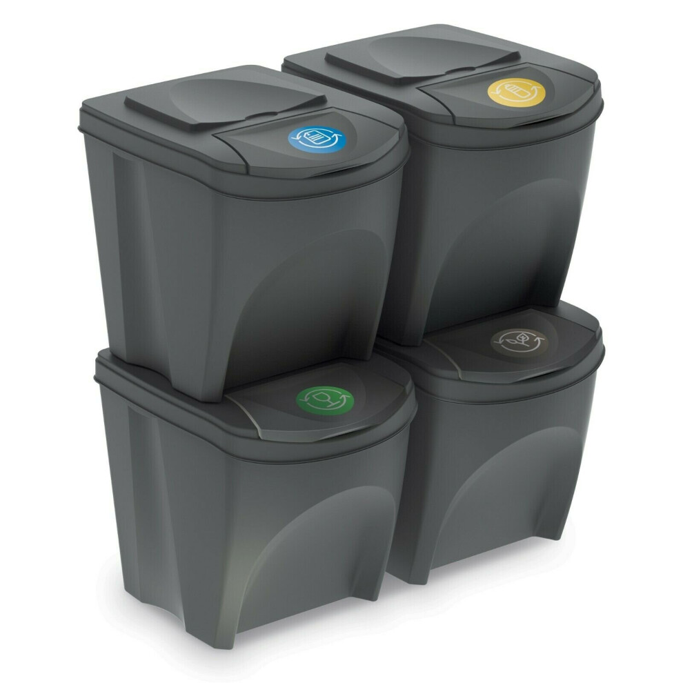 (4 Waste Bins, Anthracite) 3 or 4 x 25L Kitchen Food Recycling Waste Bins Lid