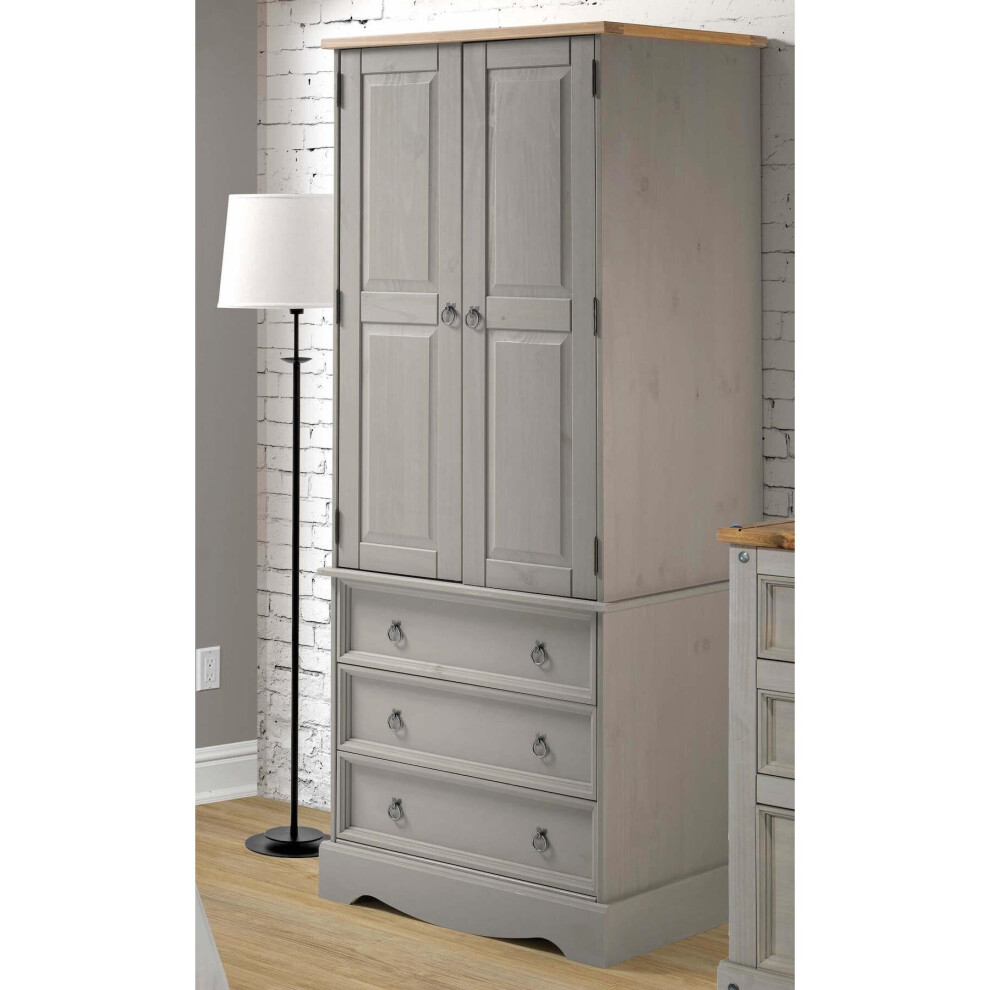 Corona 2 Door 3 Drawer Bedroom Armoire Wardrobe Antique Wax Finish Grey