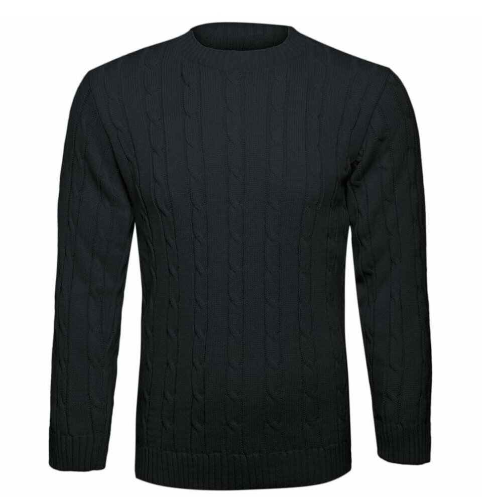 (Black, ML 12-14) Mens Cable Knitted Plain Jumper Pullover Great Warm Winter Knitted Sweater UK Size S-5XL