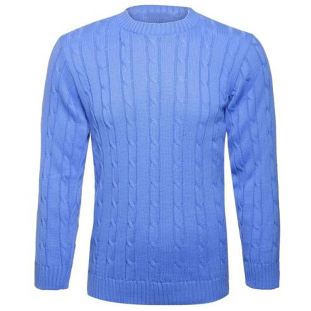 (Sky Blue, 3XL 24-26) Mens Cable Knitted Plain Jumper Pullover Great Warm Winter Knitted Sweater UK Size S-5XL