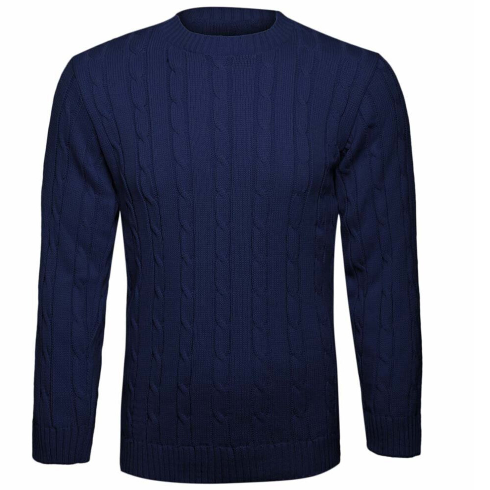 (Navy, XXL 20-22) Mens Cable Knitted Plain Jumper Pullover Great Warm Winter Knitted Sweater UK Size S-5XL 