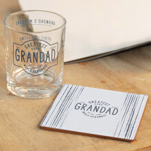 Greatest Grandad Ever Whisky Glass & Coaster Gift Set - 200ml Tumbler with Single/Double/Grandad's Measure Lines, White & Blue Cork Coaster