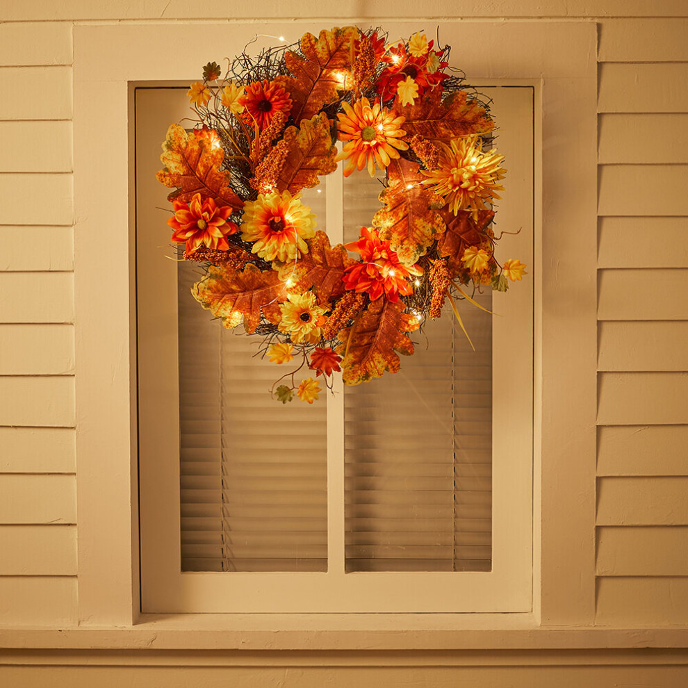 Living And Home 55Cm Christmas Halloween Led Autumn Chrysanthemum Maple Leaves Garland Wreath Light