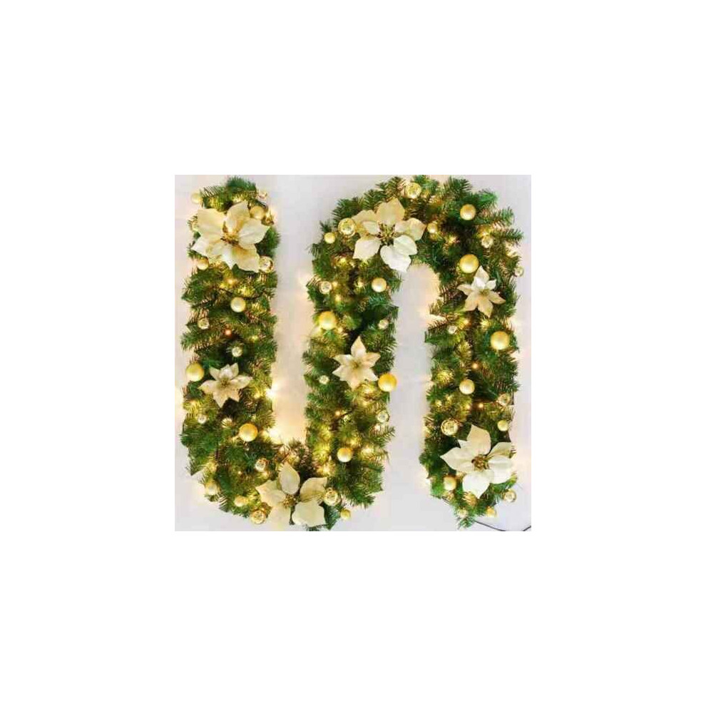 ( With Led Light) 9Ft Pre Lit Christmas Garland With Led Lights Door Wreath Xmas Fireplace Decoration Gold